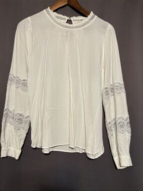 Women's White Lace-Trim Long Sleeve Blouse Loft